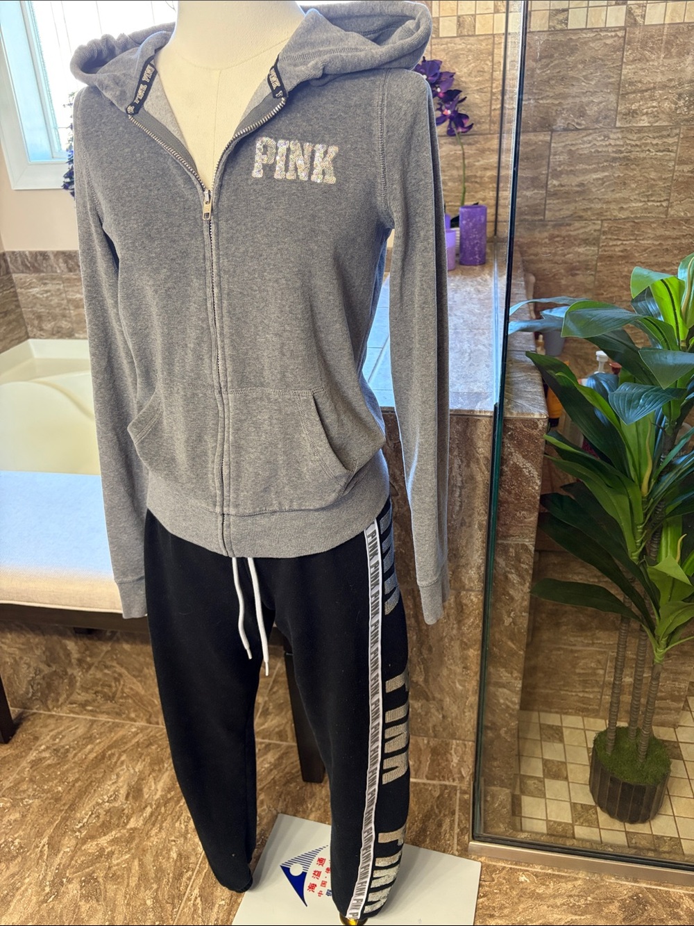 PINK Victoria's Secret Gray Zip Hoodie & Black Jogger Set